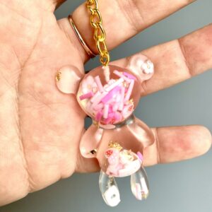 Porte-clés ours transparent resine rose